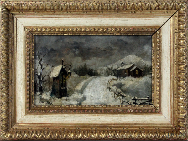 Paesaggio invernale, olio su tavola, cm. 19,5x32, firmato