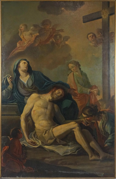 Pittore del XVIII secolo, Compianto sul Cristo morto, olio su tela, cm 205x132, (difetti).