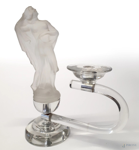 Scultura e portacandele in cristallo in stile Lalique, cm 25x30 circa