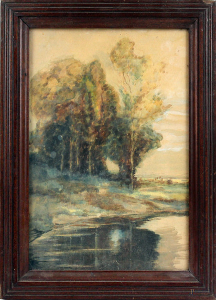 Paesaggio fluviale, acquarello su carta, cm 24,5x15,5, XX secolo, entro cornice