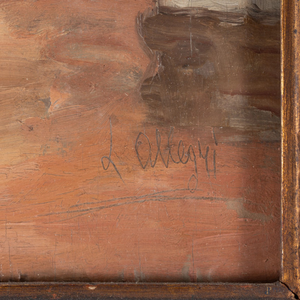 Interno di chiesa, XX secolo, olio su tavoletta, cm 53x34, firmato in basso a destra, entro corni...