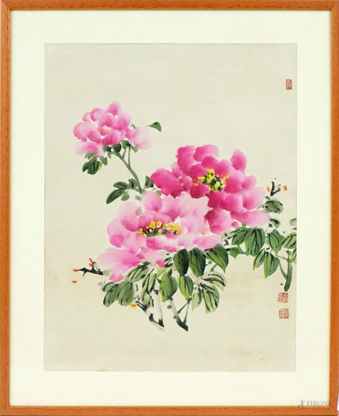 Pittore cinese del XX secolo, Fiori, acquarello su carta, cm 45x35, entro cornice