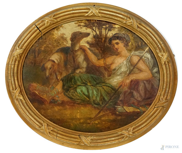 Diana cacciatrice, olio su tavola ad assetto ovale, cm 25,5x30,5, prima metà XX secolo, entro cornice.