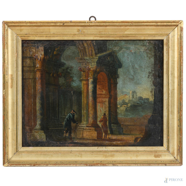Capriccio con figure, XVIII secolo, olio su tela, cm 34,5x44, entro cornice, (segni di usura, piccole cadute di colore, abrasioni, ondulazioni della tela, sollevamenti della materia pittorica)