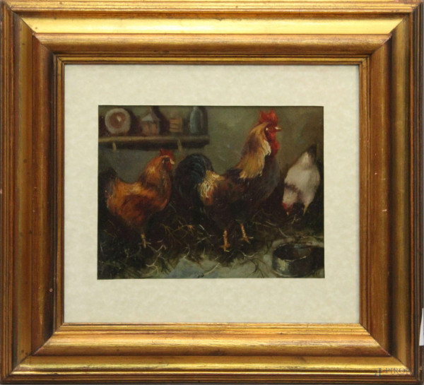 Interno di pollaio, olio su tavoletta, 17x22 cm, entro cornice