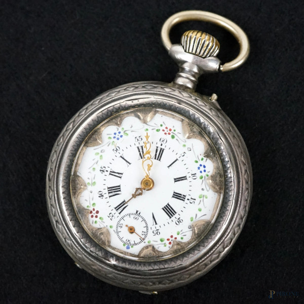 Orologio da tasca in argento, Ausstellung Thun 1899, quadrante a numeri romani, cm h 7x5 (difetti, meccanismo da revisionare)