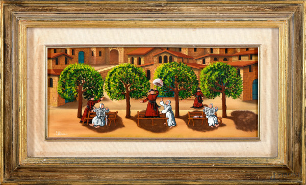 Ulisse (Osimo, 1957), Suore e frati al parco, olio su tela, cm 30x70 entro cornice