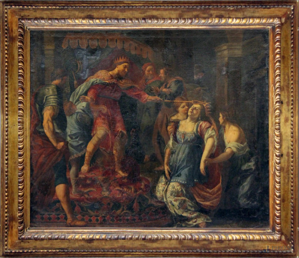 Pittore del XVII secolo, Ester viene presentata ad  Assuero, olio su tela 130x160 cm, entro cornice.