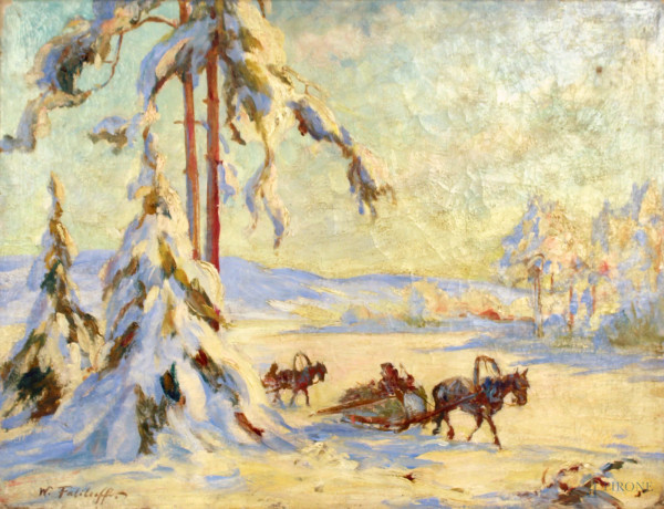 Vadim Dmitrievitch Falileieff - Paesaggio invernale con slitta, olio su tela 57x75 cm.