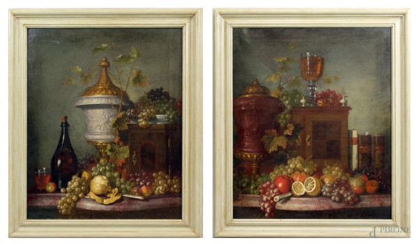 Pittore attivo alla fine del XVIII secolo, Coppia di nature morte, olio su tela, cm 73x59,5, entro cornici.
