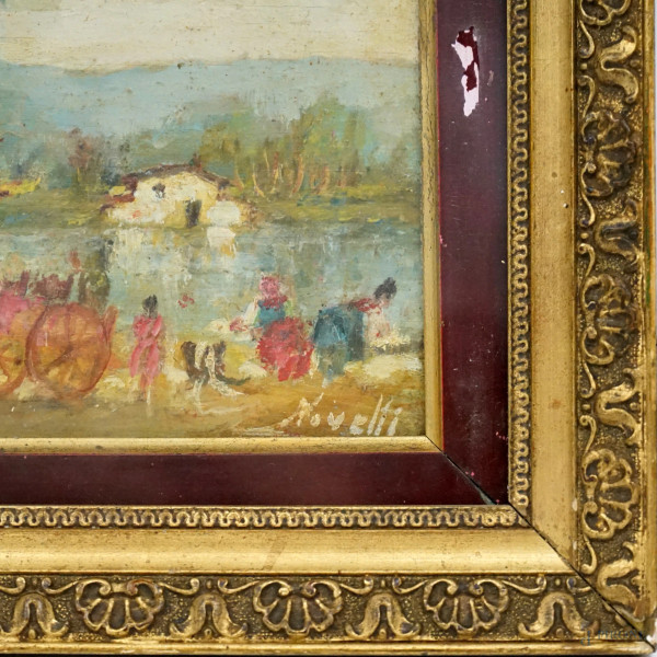 Paesaggio campestre con carretto e figure, olio su tavoletta, cm 11.5x22.5, firmato Novelli, entr...