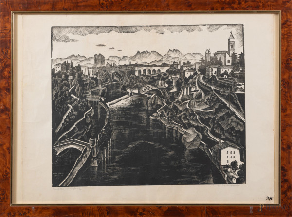 Mimi Quilici Buzzachi (1903-1990), lotto di due xilografie raffiguranti Il lago di Virgilio (Mantova) e Trezzo d'Adda e il Naviglio, xilografia su carta, misure massime cm 50x65, ess.7/25, firmate in basso a destra, entro cornice, (segni di usura,  foxing, gore, tracce di umidità, difetti)
