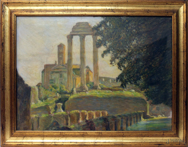 Paesaggio con ruderi, olio su tavola, cm 45x60, scuola romana, entro cornice.