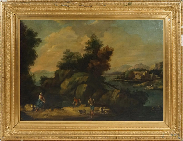 Scuola veneta del XVIII secolo, Paesaggio con figure, olio su tela, cm 67,5x97,5, entro cornice