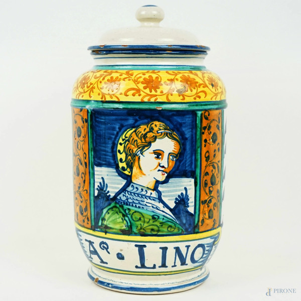 Vaso da farmacia in ceramica smaltata e dipinta in policromia, decoro raffigurante nobildonna e scritta apotecaria "Aq. Lino", cm h 29, (lievi sbeccature)