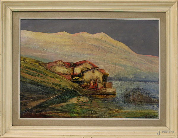 Bruno Tintori - Paesaggio montano, olio su masonite, cm 50 x 70, entro cornice.