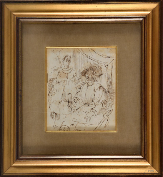 Soldato che beve, china su carta, XIX secolo, cm 18,5x15,5, firmato in basso a destra, (difetti)