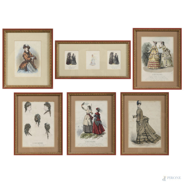 Lotto di 6 stampe di moda femminile, XX secolo, misure massime cm 34x25, entro cornice, (segni di usura, foxing, tracce di umidità)