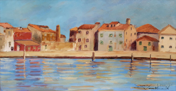 Veduta di canale veneziano, olio su cartone, cm 13x24,con cornice, firmato