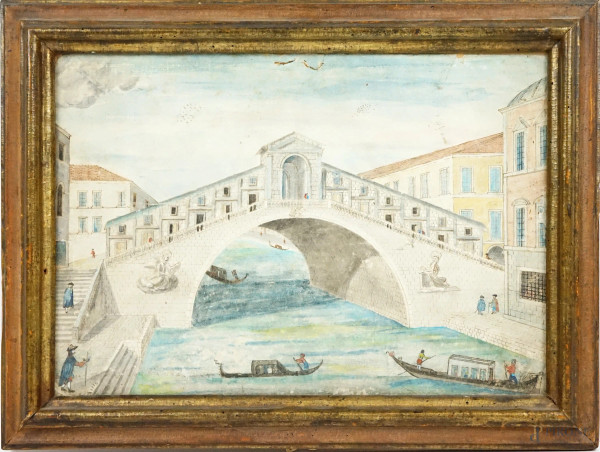 Ponte di Rialto, acquerello su carta, cm 25,5x36,5, siglato e datato in basso a sinistra, entro cornice, (difetti sulla carta).