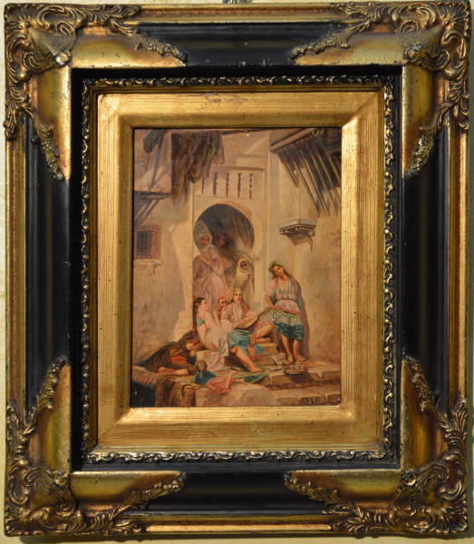 Esterno con figure, dipinto di scuola orientale ad olio su tavola 17x22 cm,entro cornice ebanizzata con particolari dorati siglato