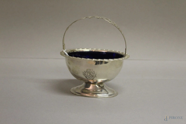 Zuccheriera in sheffield con vaschetta in vetro blu cobalto.