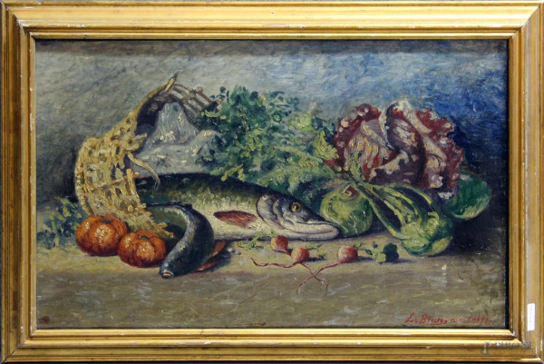 Natura morta con pesci e frutta, olio su tela, 40x60 cm, entro cornice firmato e datato