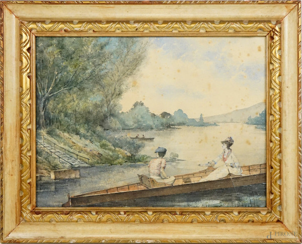 Scorcio lacustre con figure in barca, acquarello su carta, cm 35x47, firmato, entro cornice, (macchie)
