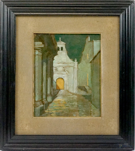 Scorcio di Venezia, olio su cartone telato, cm 24,5x20, firmato, entro cornice.