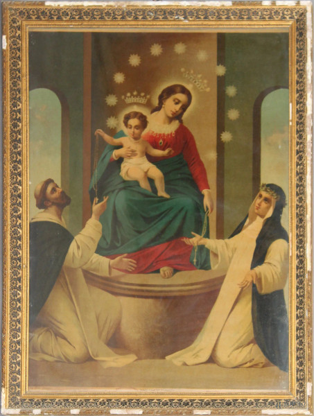 Madonna con Bambino e Santi, antica oleografia su carta cm 75x53, entro cornice.