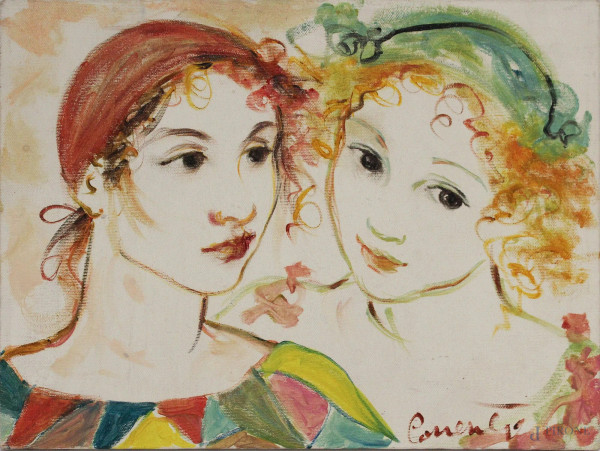 Roberta Correnti - Volti di ragazze, dipinto ad olio su tela, cm 30 x 40