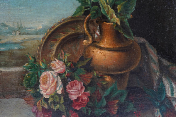 Pittore degli inizi del XX secolo, Natura morta di fiori con vasellame, olio su tela, cm 38x28 en...