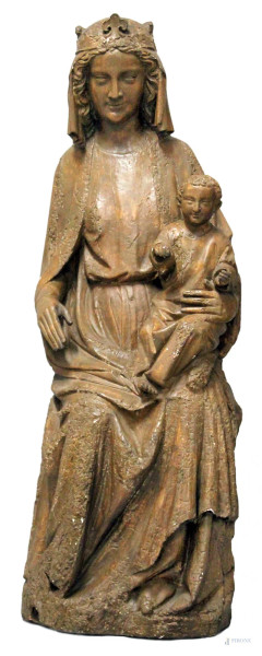 Madonna con bambino, scultura in gesso patinato, con timbro dell&#39;ateliers de Moulage, XX sec., H. 106 cm.