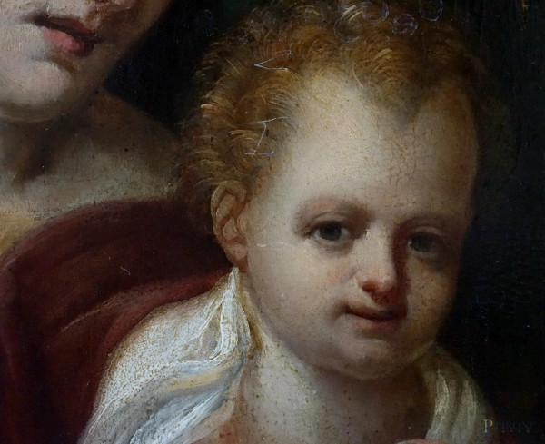 Pittore toscano del XVI secolo, Madonna con il Bambino, Santo e donatore, olio su tavola, cm 116,...