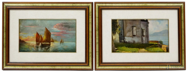 Coppia di paesaggi raffiguranti Marina al tramonto e  Terrazza sul lago, olio su compensato, cm 19,5x33, XX secolo, entro cornici.