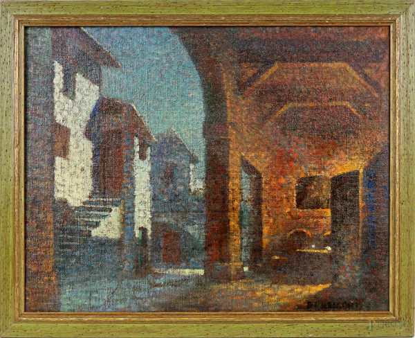 Scorcio di portico, olio su tela, cm 35x45,5, firmato E.Longoni, entro cornice.