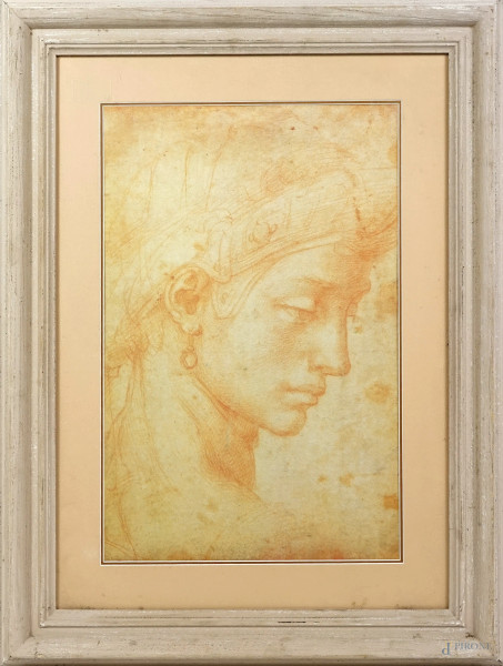 Stampa raffigurante volto di donna a sanguigna, cm 53,5x38,5, entro cornice (difetti)