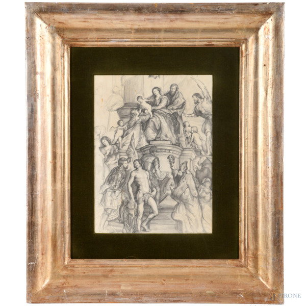 Sacra Conversazione, grafite su carta, XX secolo, firmato in basso a destra, cm 49x39 compreso passepartout entro cornice, (tracce di umidità, foxing, difetti)