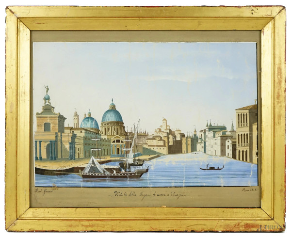 Veduta della Dogana di mare a Venezia, tempera su carta, cm 36x46,5, firmato e datato 1878, entro cornice, (difetti sulla carta).