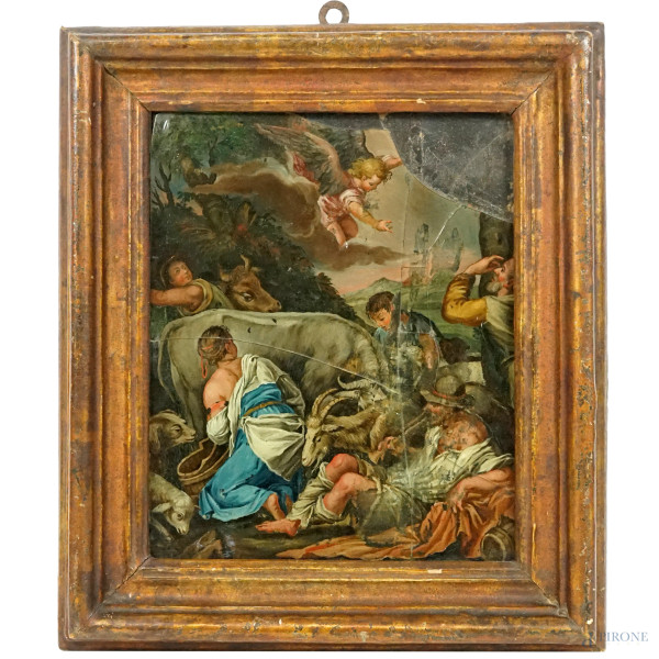 Copia da Jacopo Bassano (1510 ca-1592), Annuncio ai pastori, dipinto policromo realizzato sottovetro, XVII-XVIII secolo, cm 24,5x20, entro cornice, (difetti, rotture sul vetro).