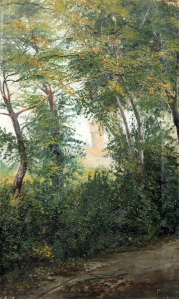 Paesaggio boschivo con torretta, olio su tela , cm. 71x43,5, firmato entro cornice.