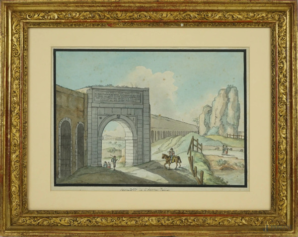 Acquedotto dell'acqua Felice, acquarello su carta, cm 19x27,5, XIX secolo, entro cornice.