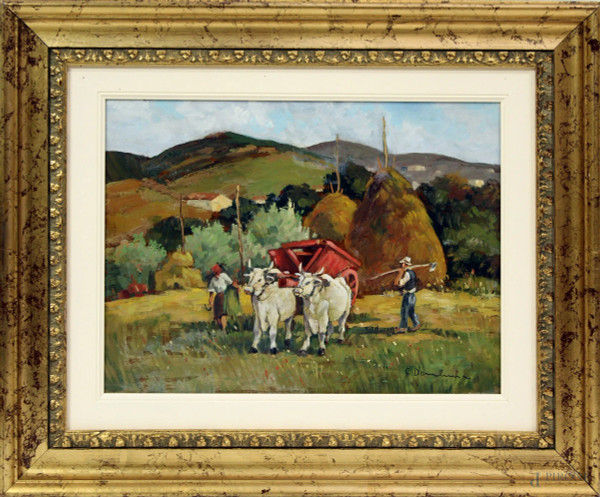 Paesaggio con carro e buoi, olio su tavola firmato, Scuola toscana, cm 30 x 40, entro cornice.
