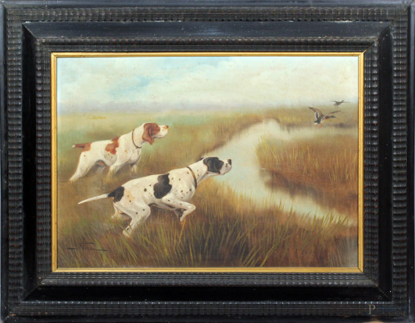Paesaggio con cani, olio su tela, cm. 50x70, firmato Norfini, entro cornice.