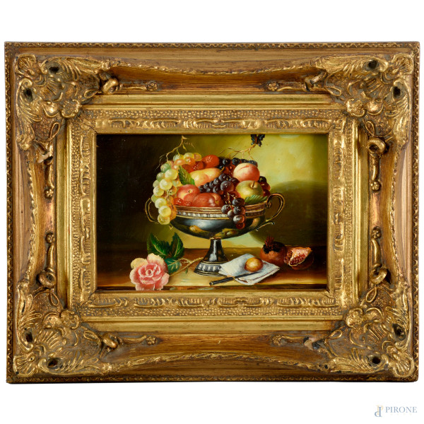 Natura morta con frutta, olio su tavoletta, XX secolo, cm 11,5x17, entro cornice