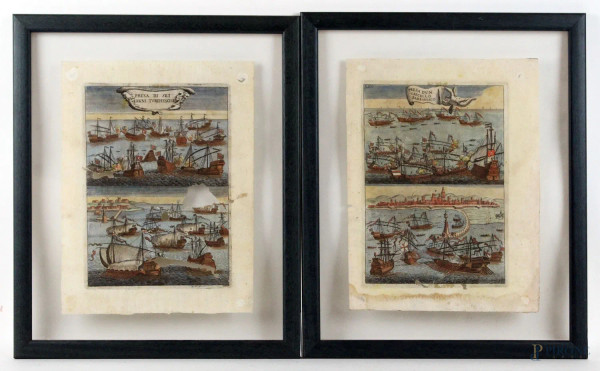 Due incisioni acquarellate raffiguranti battaglie navali, cm 31,5x24, entro cornici, (difetti)