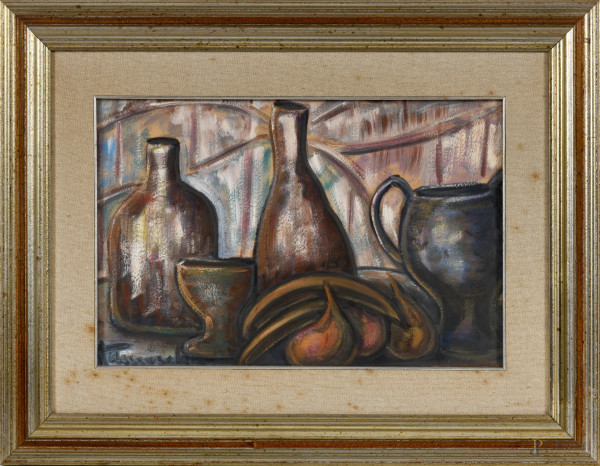 Natura morta, olio su cartoncino telato, cm 30x40 entro passepartout e cornice, (difetti)