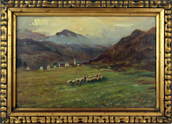 Paesaggio abbruzzese, olio su tavola, cm 21,5x33, firmato F. Ricci