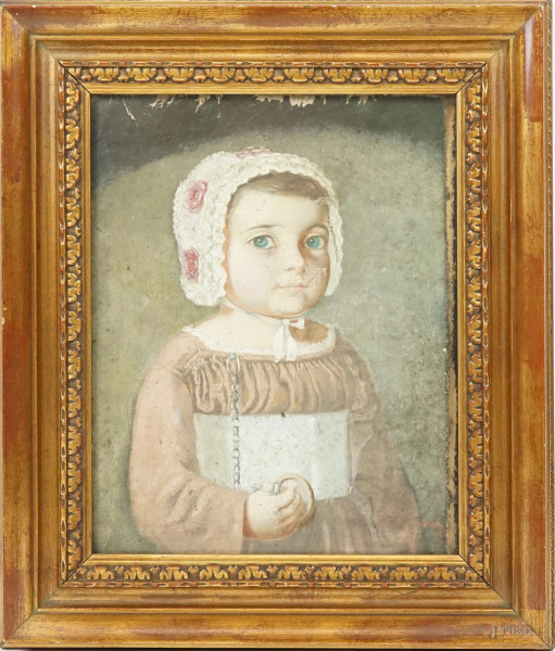 Ritratto di bambina, olio su tela riportata su cartone, cm 30x24, firmato G. Muller, entro cornice, (difetti).