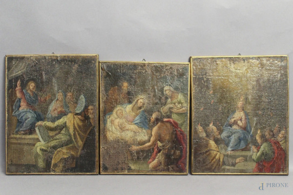 Lotto composto da tre dipinti a soggetti religiosi ad olio su tela applicata su tavola, XVIII sec., cm 32 x 26 (difetti e cadute di colore).